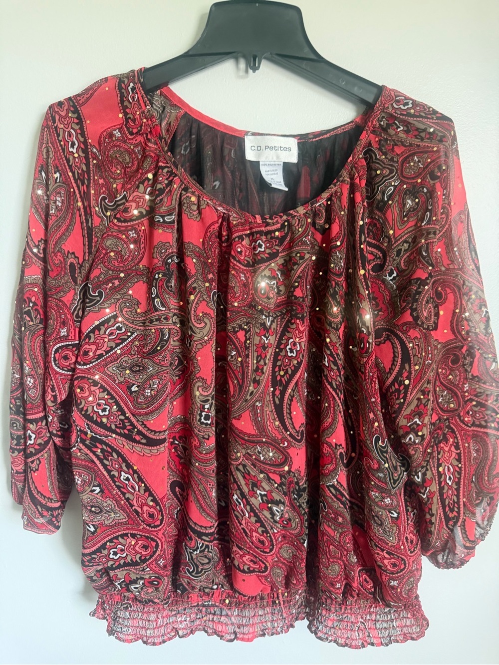 CD Petites Red Paisley Blouson Top with Gold accents size XL